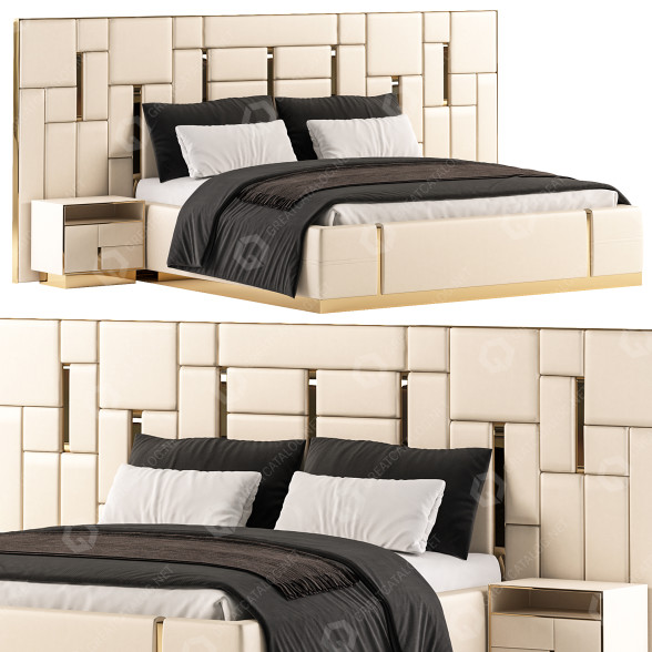 Ліжко та тумбочки Creamy White and Gold Plated Embedded Designed Light Luxury 3D модель