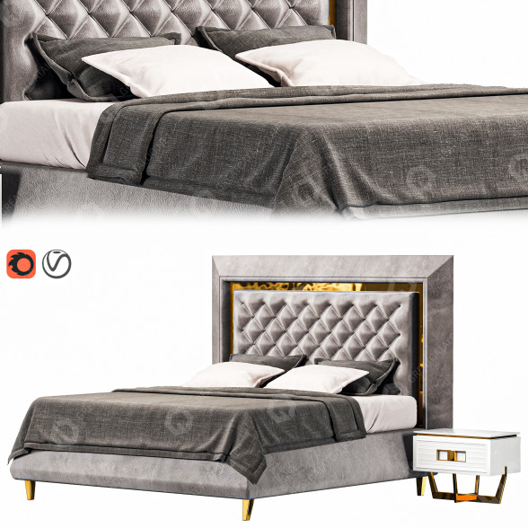 Bett und Nachttischchen Gray 001 3D-Modell