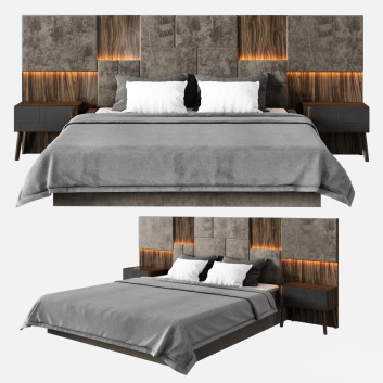 Bett und Nachttischchen  With Headboard 003 3D-Modell