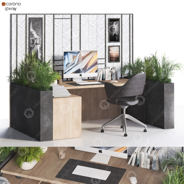 Arbeitsbereich und Blumentöpfe Home Office Work 3D-Modell