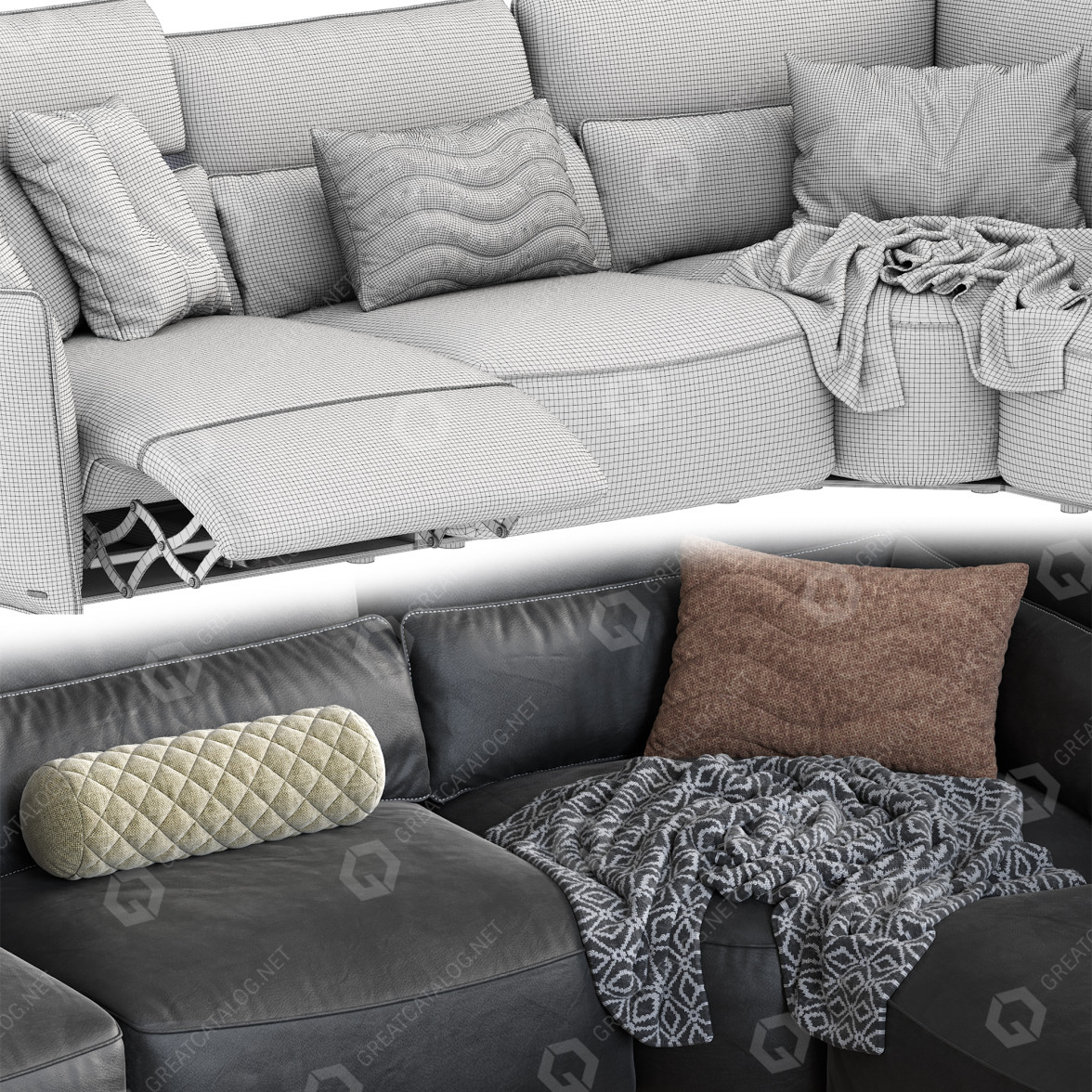 Sofa Natuzzi Supor Angular Velvet and Leather 2 Version 3D model