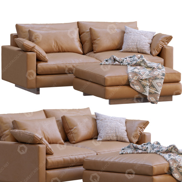 Sofa and Pouf West Elm Harmony Bright Brown Leather 3D model