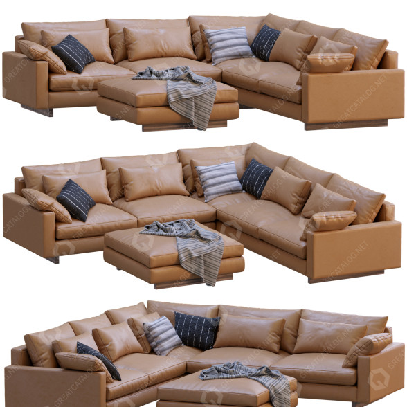 Sofa and Pouf West Elm Harmony Bright Brown Leather 3D model