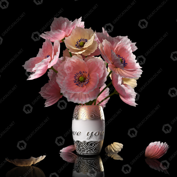 Ваза та квіти Light Pink Poppies 3D модель