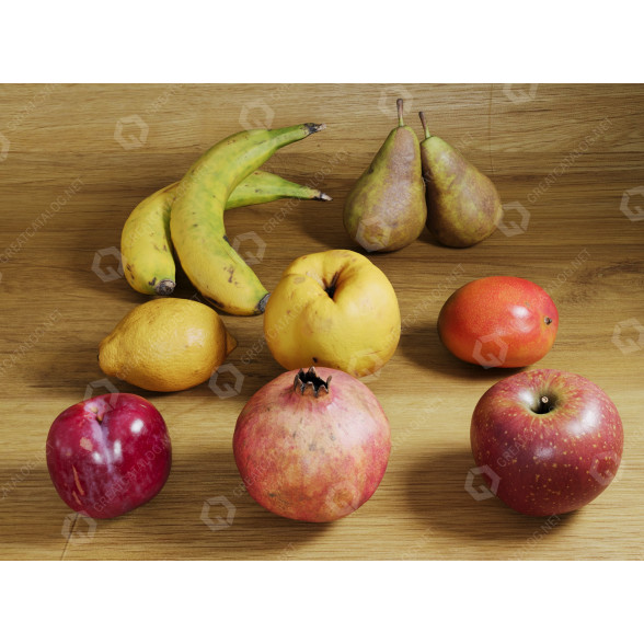 Fruits Bananas, Apples, Pears, Lemon, Mango, Pomegranate modèle 3D
