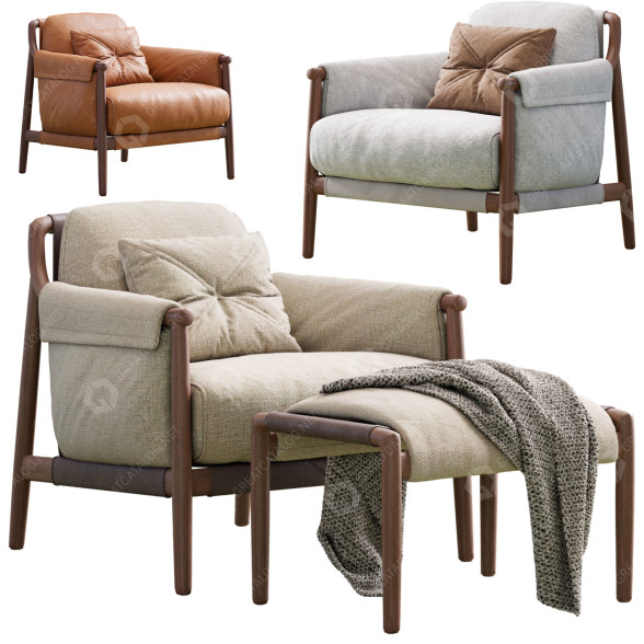 Fauteuil et Ottoman Poltrona Frau Times Lounge modèle 3D
