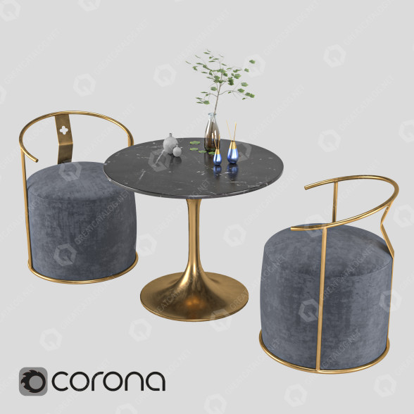 Stół i krzesła Homary Gray Upholstered Velvet  in Gold model 3D