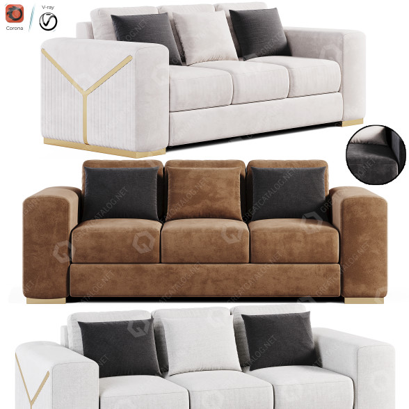 Sofa Velvet Green 3 Seater Metallic Strip 3D model