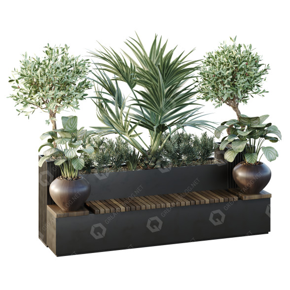 Plantas y banco HQ Conjunto de árboles y arbustos de jardín al aire libre Tomo 18 Modelo 3D