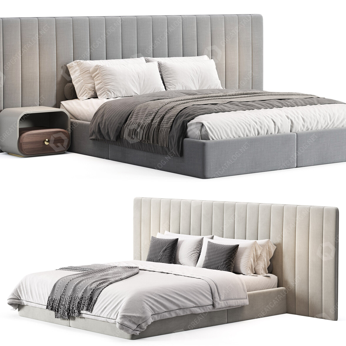 Beds and Bedside Table Casaspace Walvia Gray Velvet Luxury