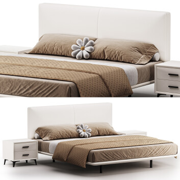 Bett und Nachttischchen  Litfad White Wood Upholstered Headboard 3D-Modell
