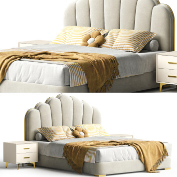 Ліжка та тумбочки White Upholstered Modern with Panel Headboard