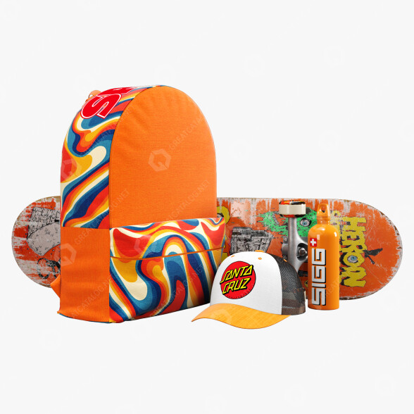 Rucksäcke, Skateboards und anderes Zubehör Set Orange 3D-Modell