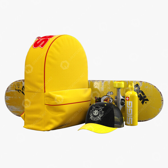Рюкзак, скейтборд та інші аксесуари Set Yellow 3D модель